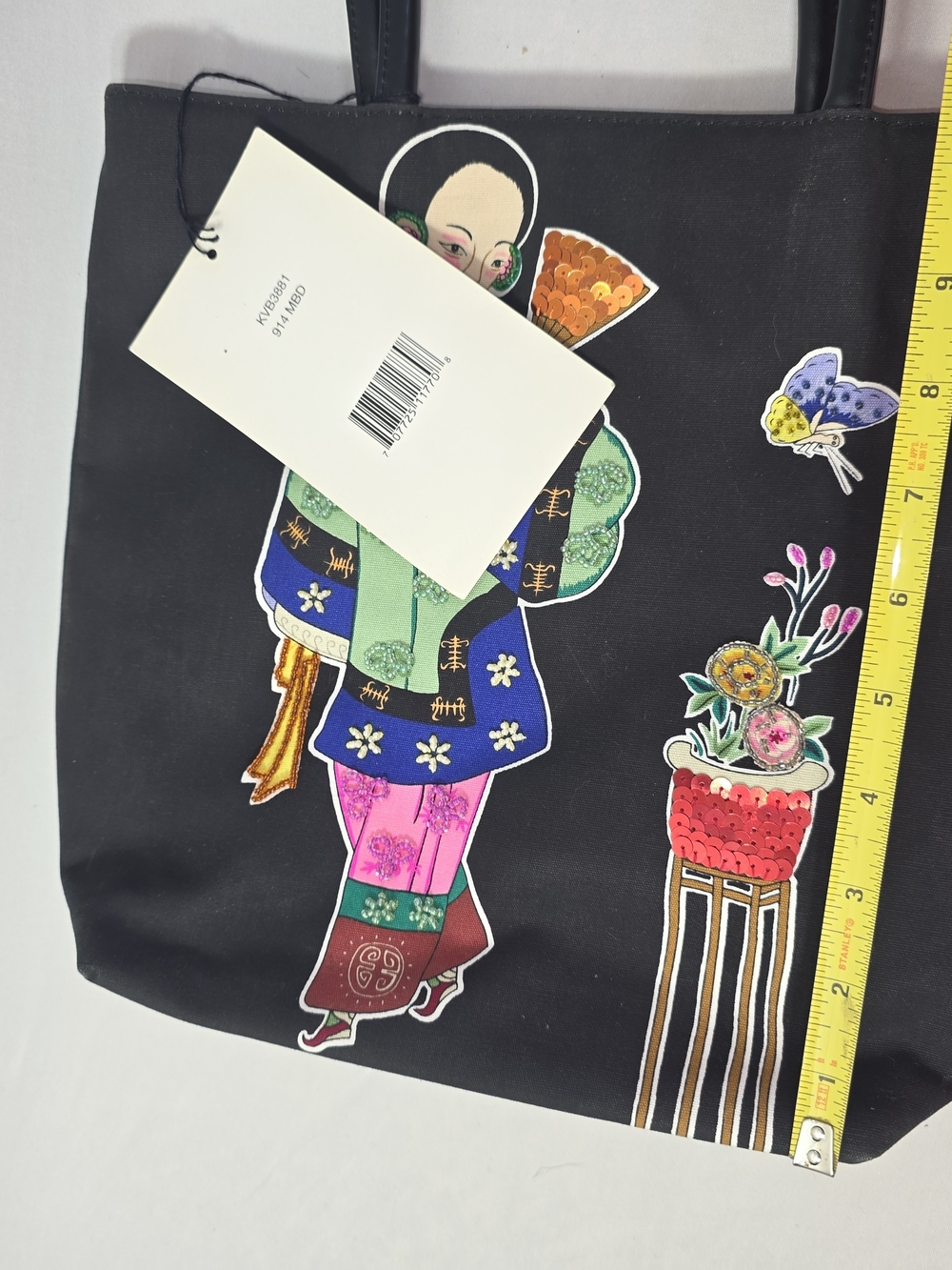 Vintage Bueno Black Fabric Tote Bag with Decorative Asian Motif - Picture 10 of 16